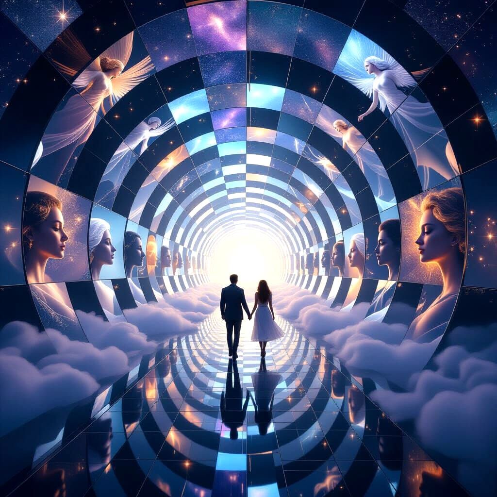 Infinite Mirror Tunnel of Memories with Celestial Guardians