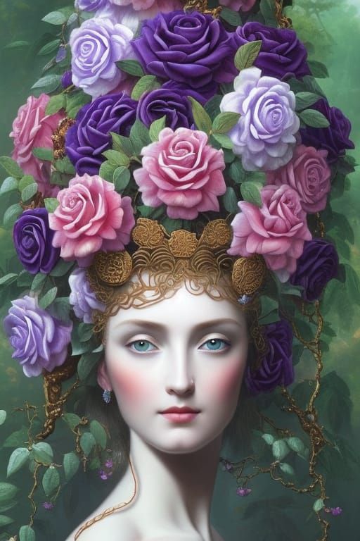 Forest Empress with Violet Roses: Digital Art
