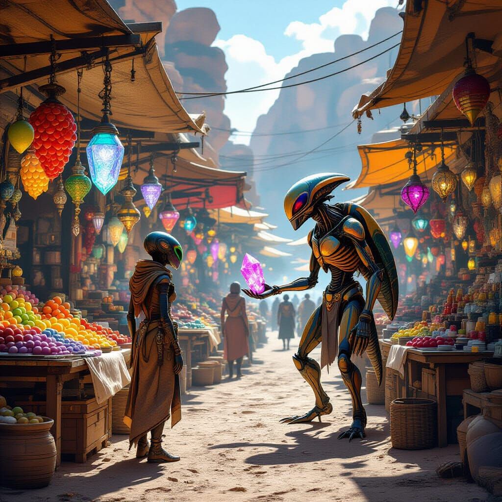 Bustling Alien Market on Desert Planet