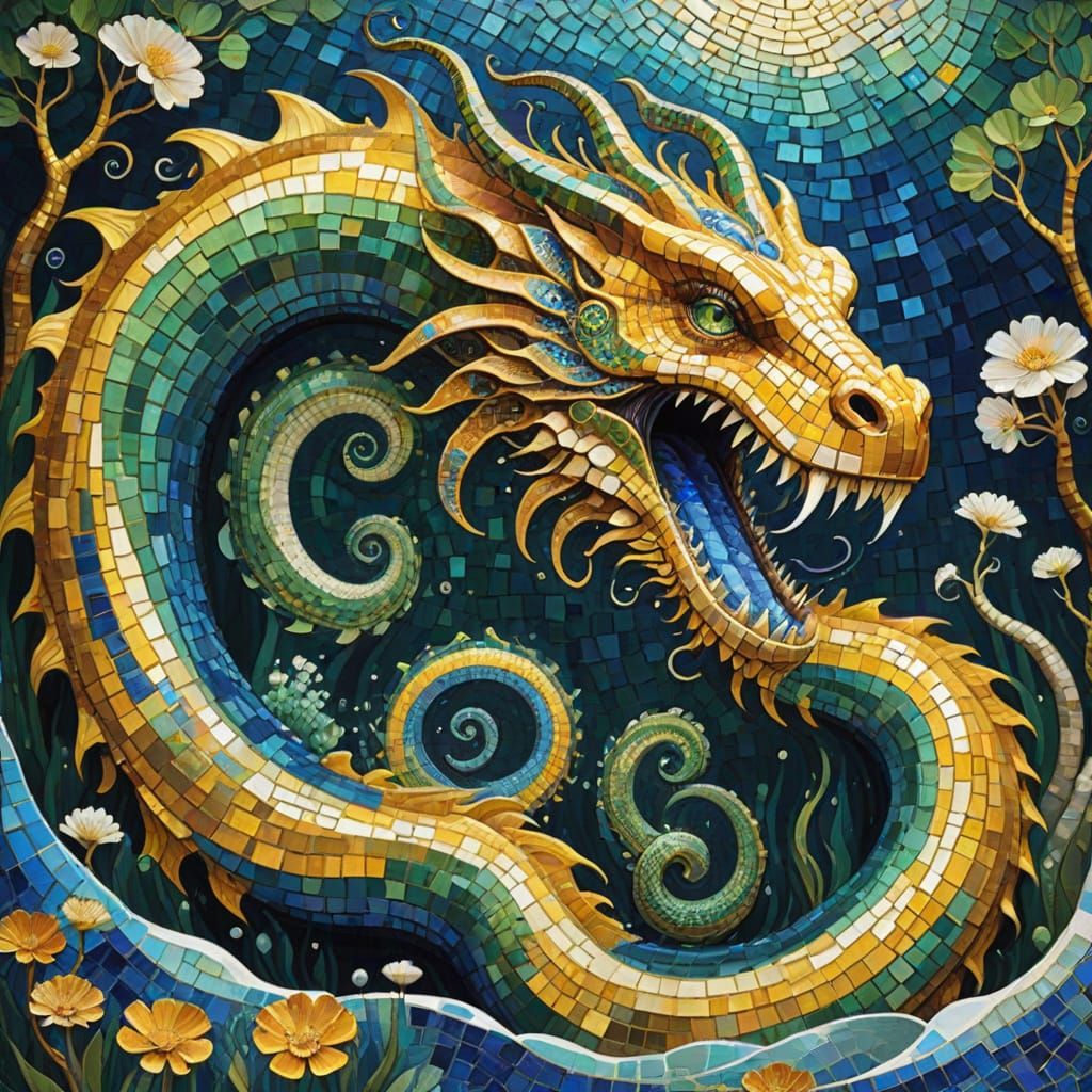 Vibrant Mosaic Hydra Emerging from Mystical Lake