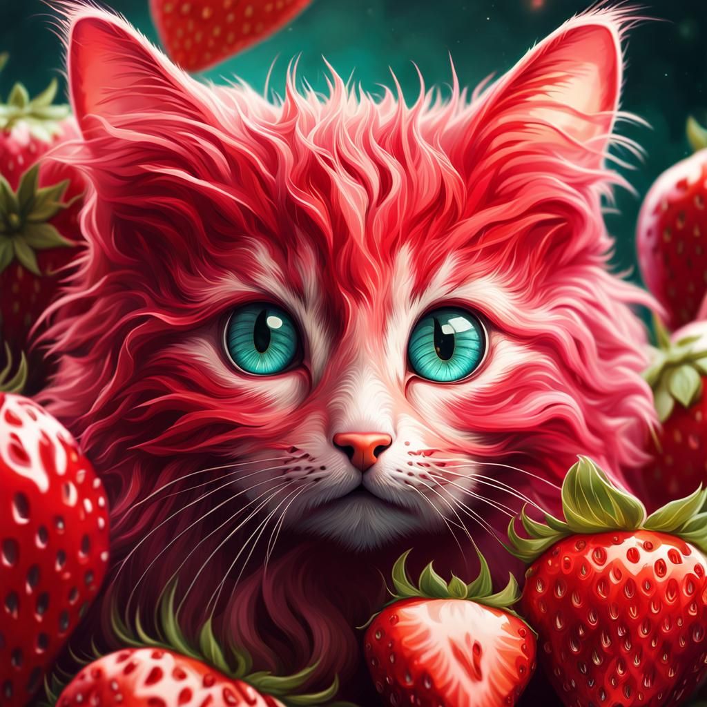 Strawberry Cat Portrait in Hyperdetailed Digital Art Style