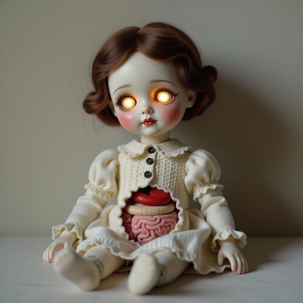 Cracked Porcelain Doll with Glowing Eyes