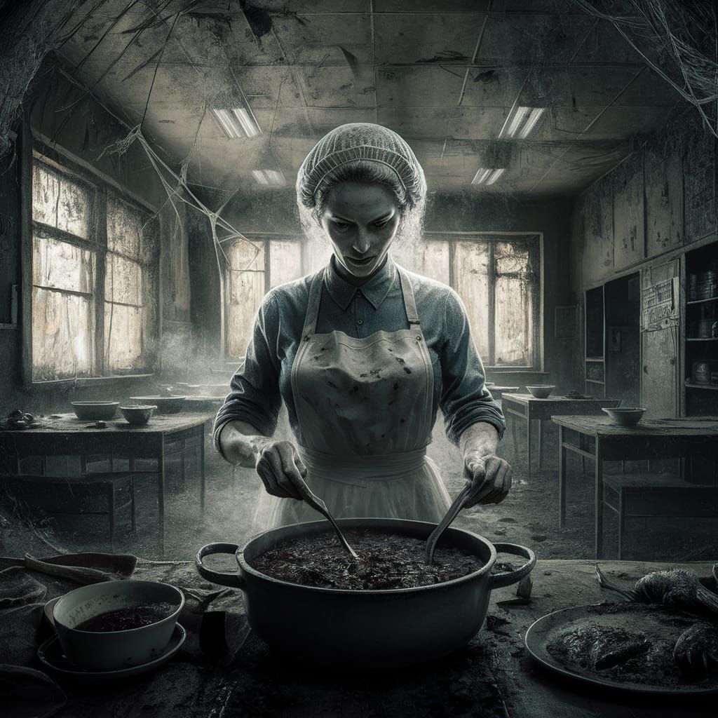 Eerie Abandoned School Lunchroom with Spectral Lunch Lady