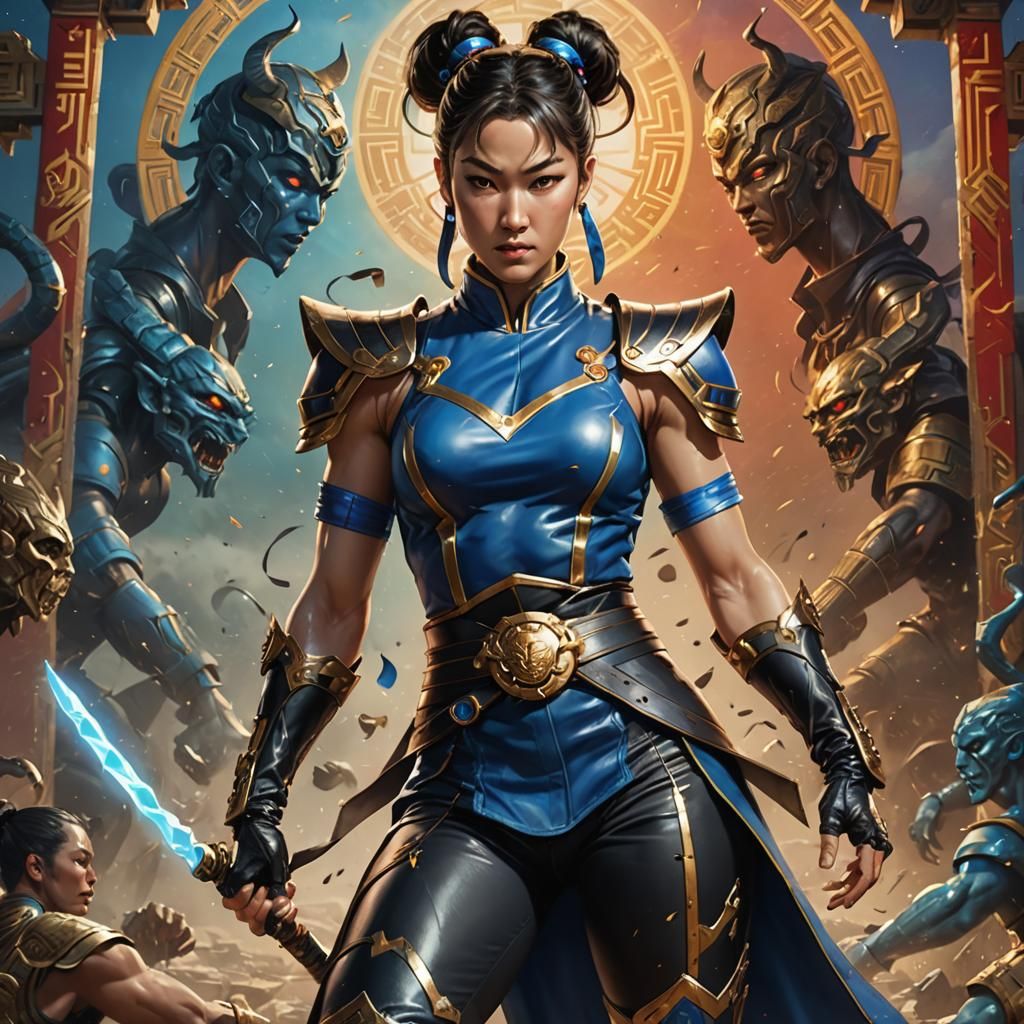 Chun Li Confronts Anunnaki: Hyperrealistic Concept Art