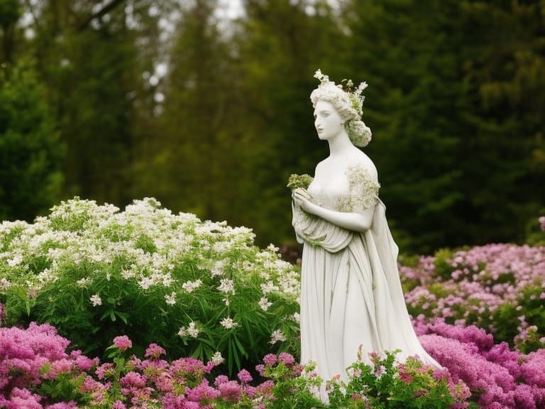 Blooming Garden with Persephone Statue in Cottagecore Style