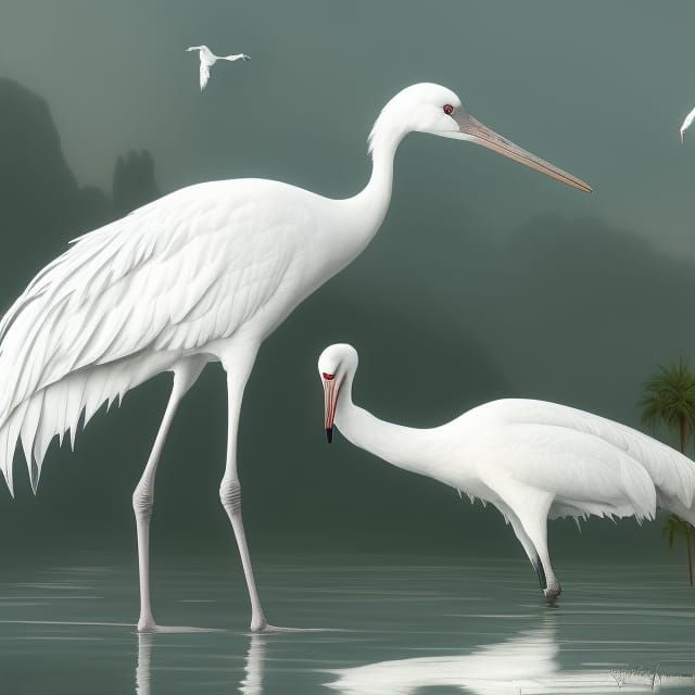 White Crane Hunts in Shallow Water: Digital Art