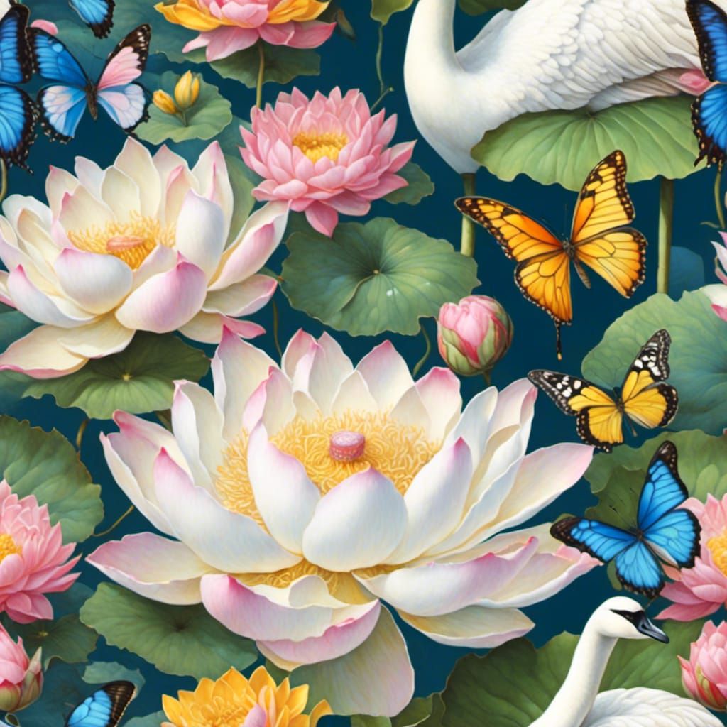 Lotus Flowers, Butterflies, and Swan in Garden Style