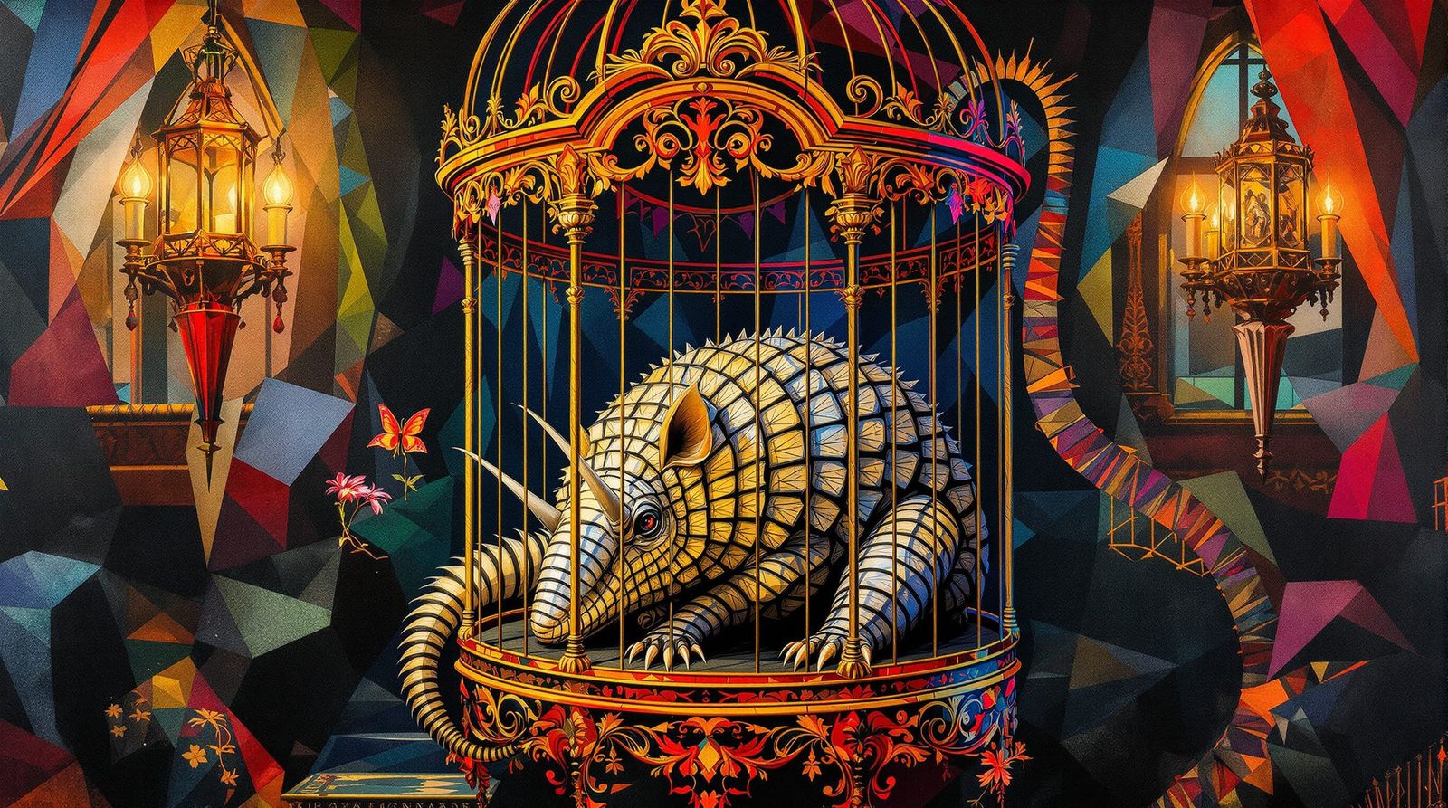 Armadillo in Ornate Birdcage Collage