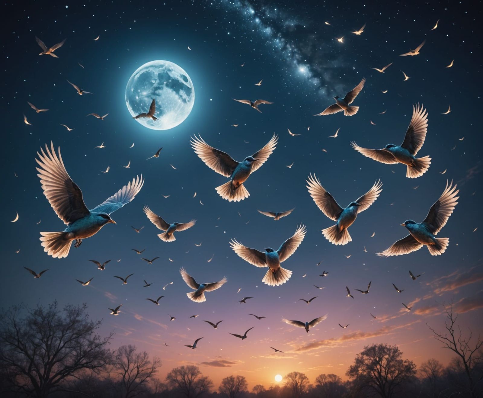 Ethereal Birds in Twilight Sky with Stardust Trails