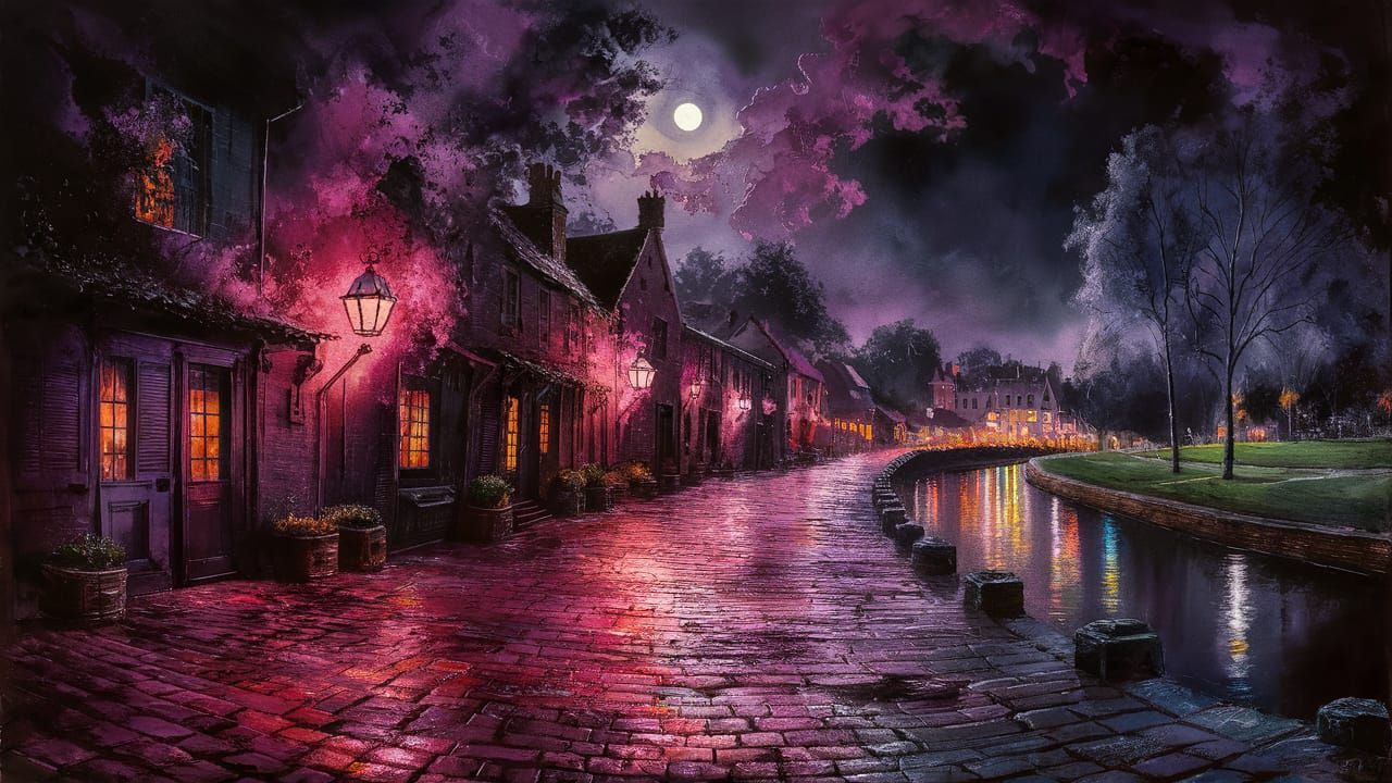 Enchanting Nighttime Village Street in Dreamy Watercolor