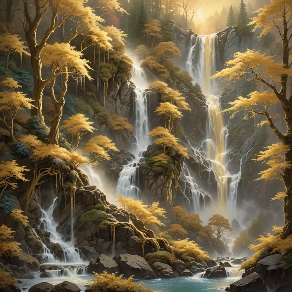 Golden Waterfall in Gilded Forest Landscape
