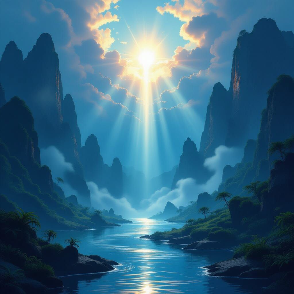 Ethereal Landscape with Luminous Light Ray