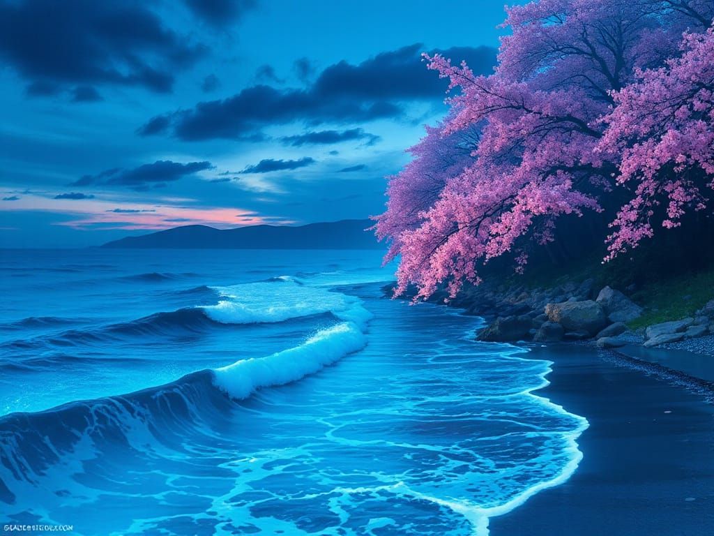Bioluminescent Shoreline: Cherry Blossoms in Dreamy Watercol...