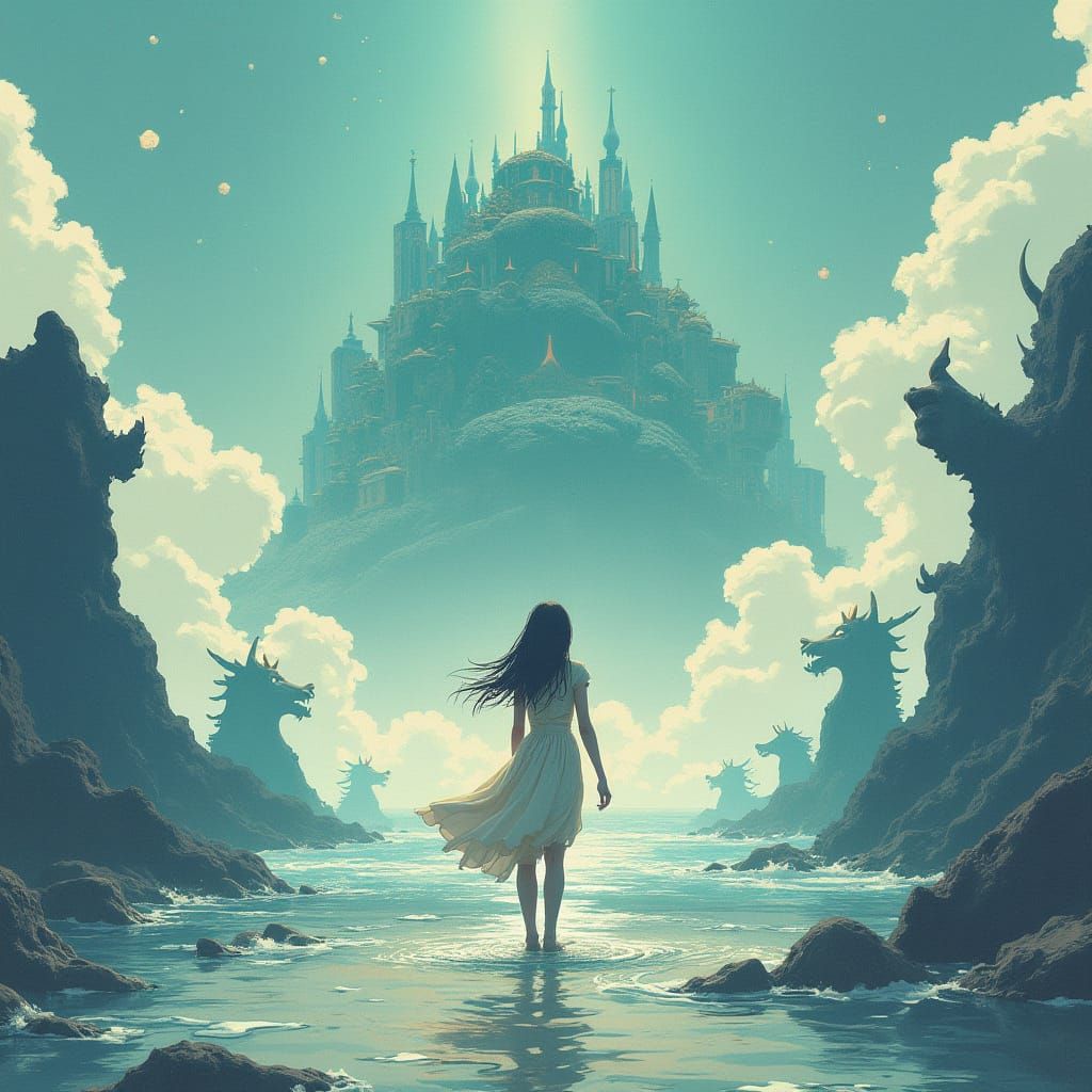 Dreamy Ocean Mirage with Surreal Manga Creatures