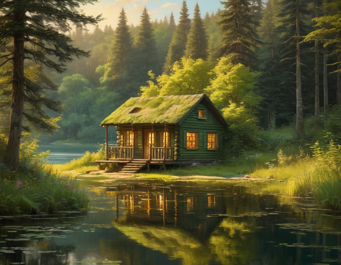 Surreal Oil Painting of a Serene Forest Cabin at Golden Hour