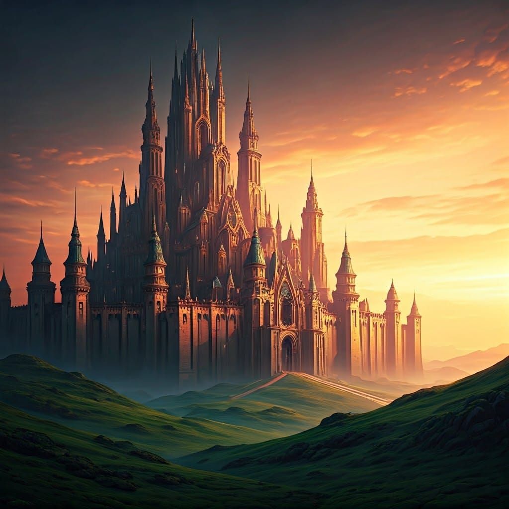 Grandiose Castle Amidst Emerald Landscape at Sunset