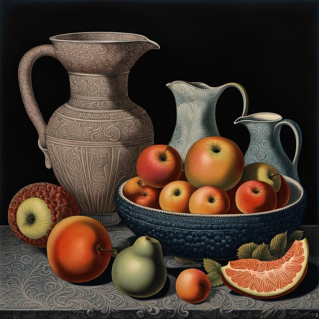 Still Life with Fruit and Jug in Art Nouveau Style