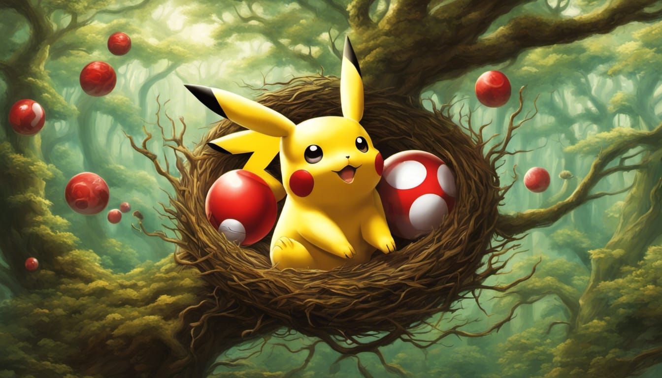 Pikachu in Forest Nest with Flying Poké Balls