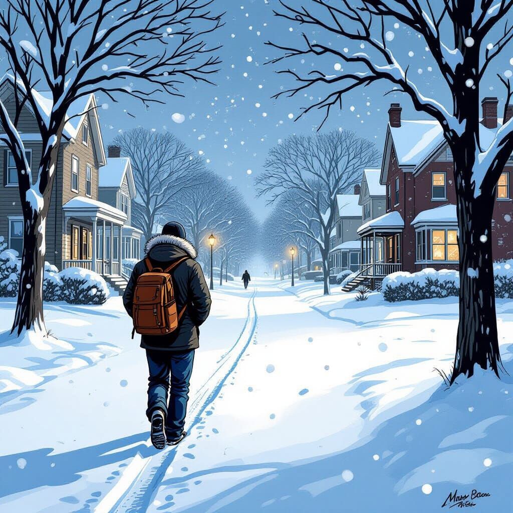 Person Walking Home Through Winter Snowstorm