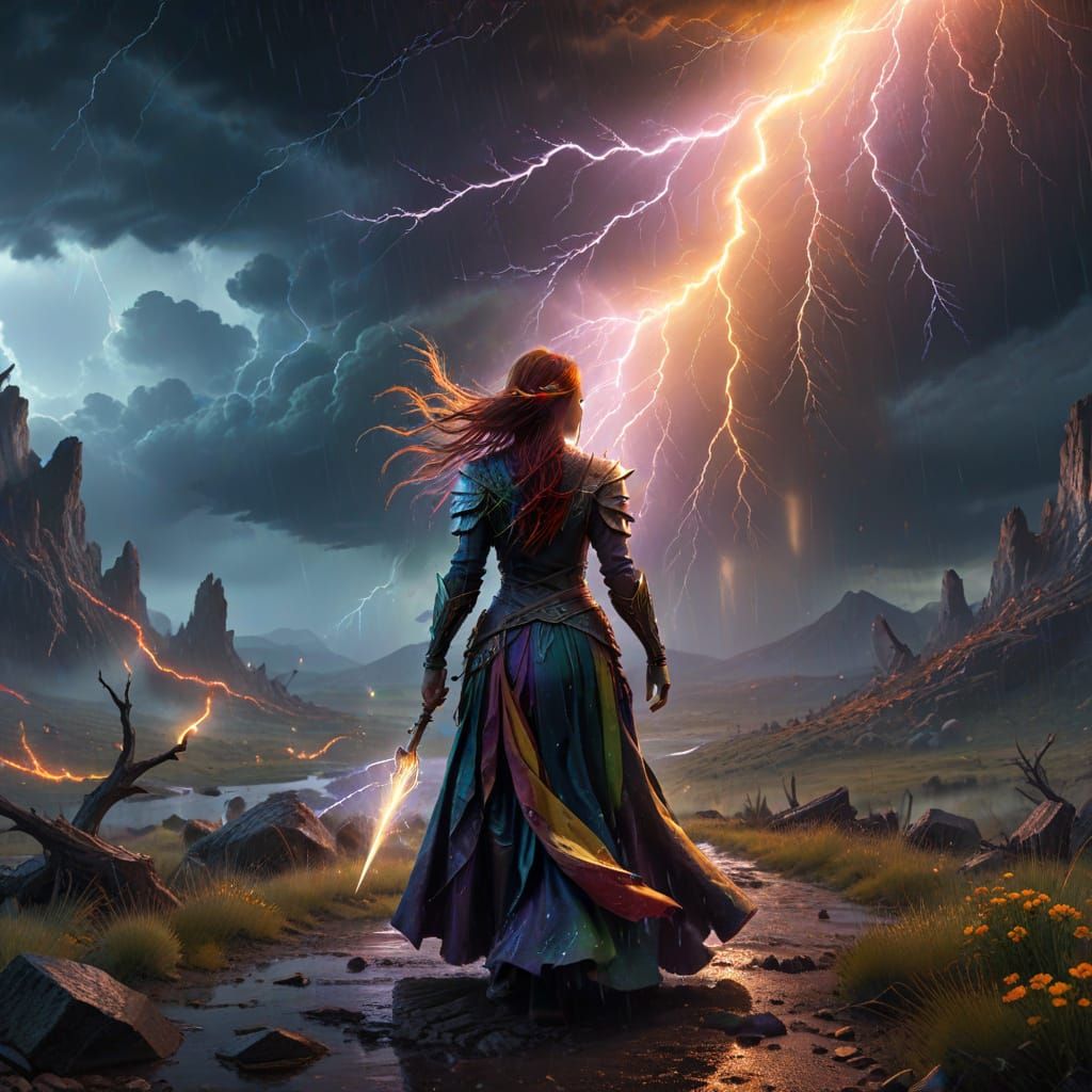 Rainbow Sorceress Casting Storm Magic in Epic Fantasy Art