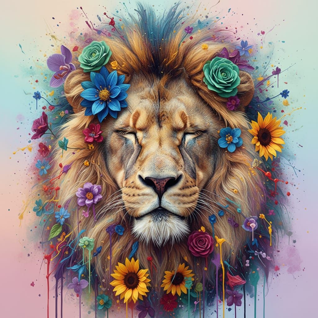 Surreal Lion Portrait with Floral Mane and Paint Splatters