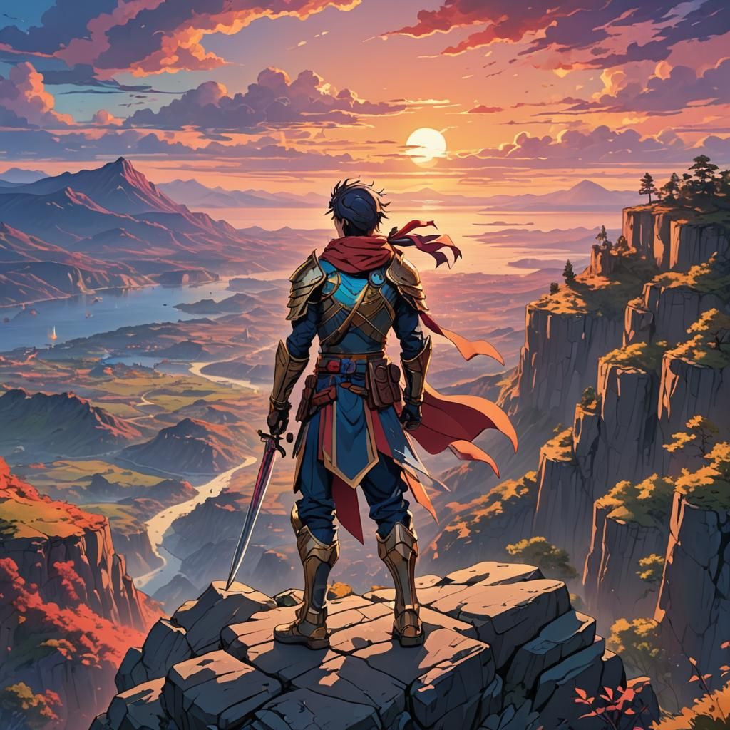 Heroic Anime Warrior Overlooking Mystical Landscape