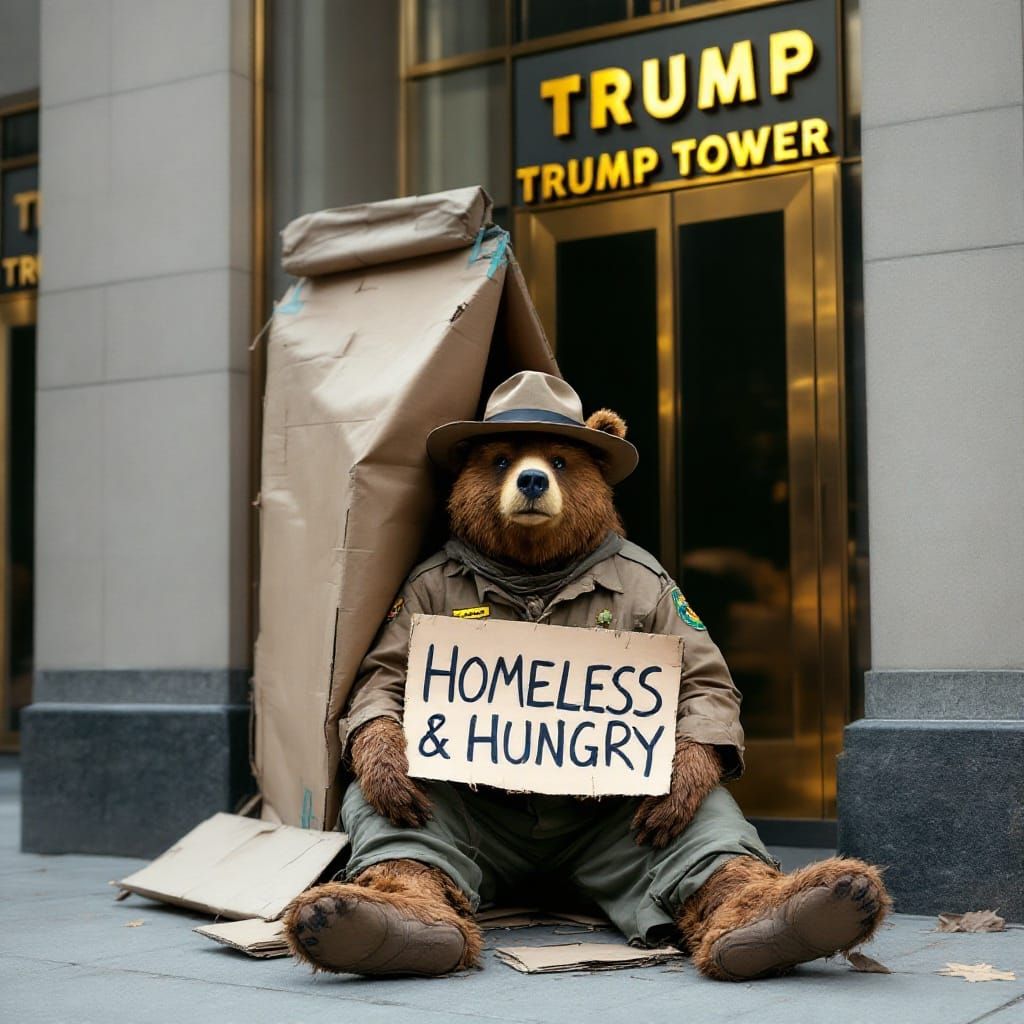 Smokey Bear Outside Trump Tower in Disheveled Ranger Gear