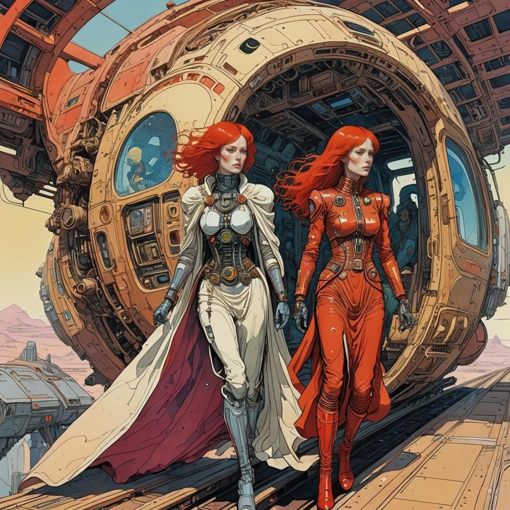 Android and Woman on Space Train, Ink Drawing