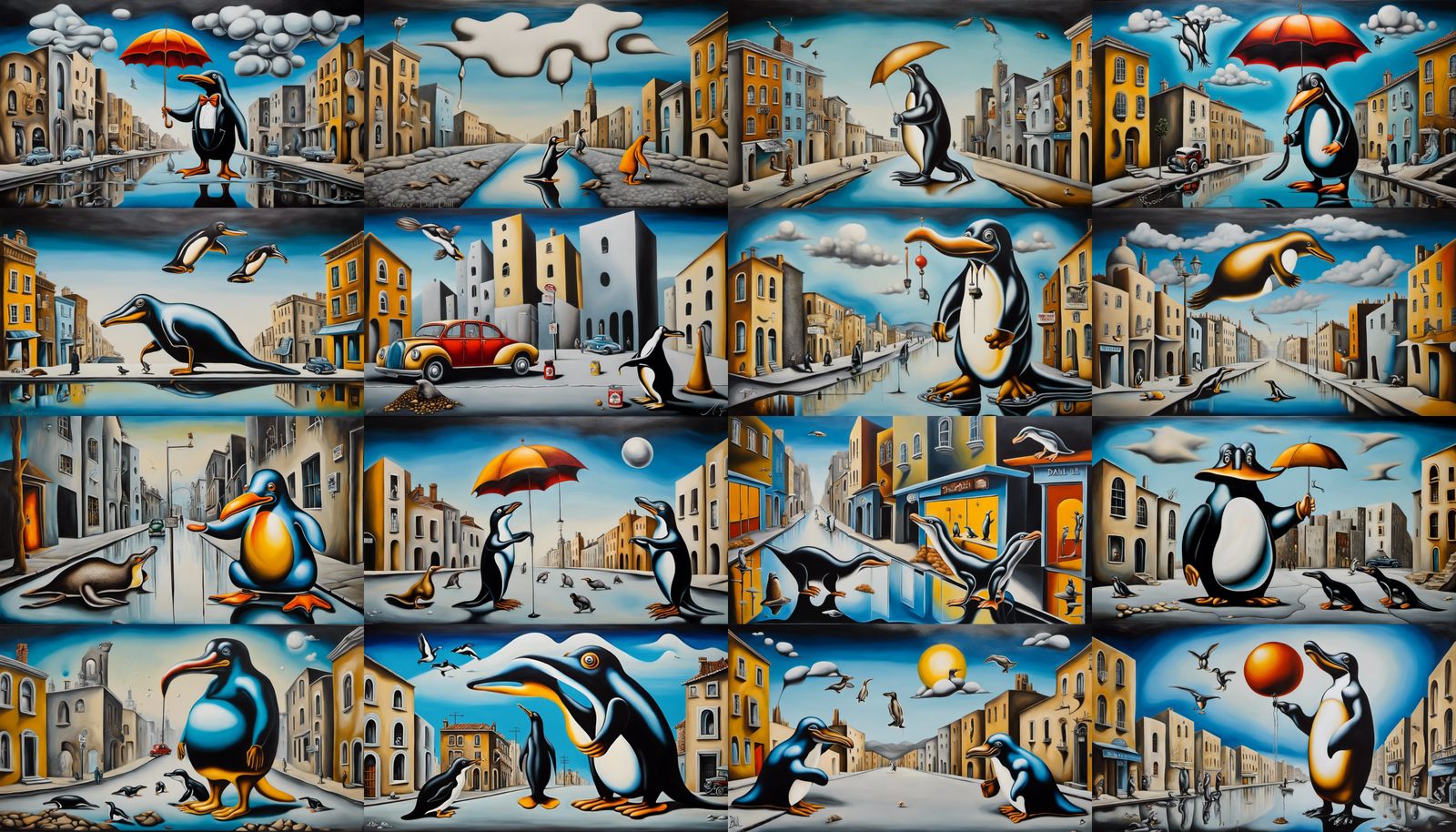 Surreal Urban Scene: Platypus Aids Penguin