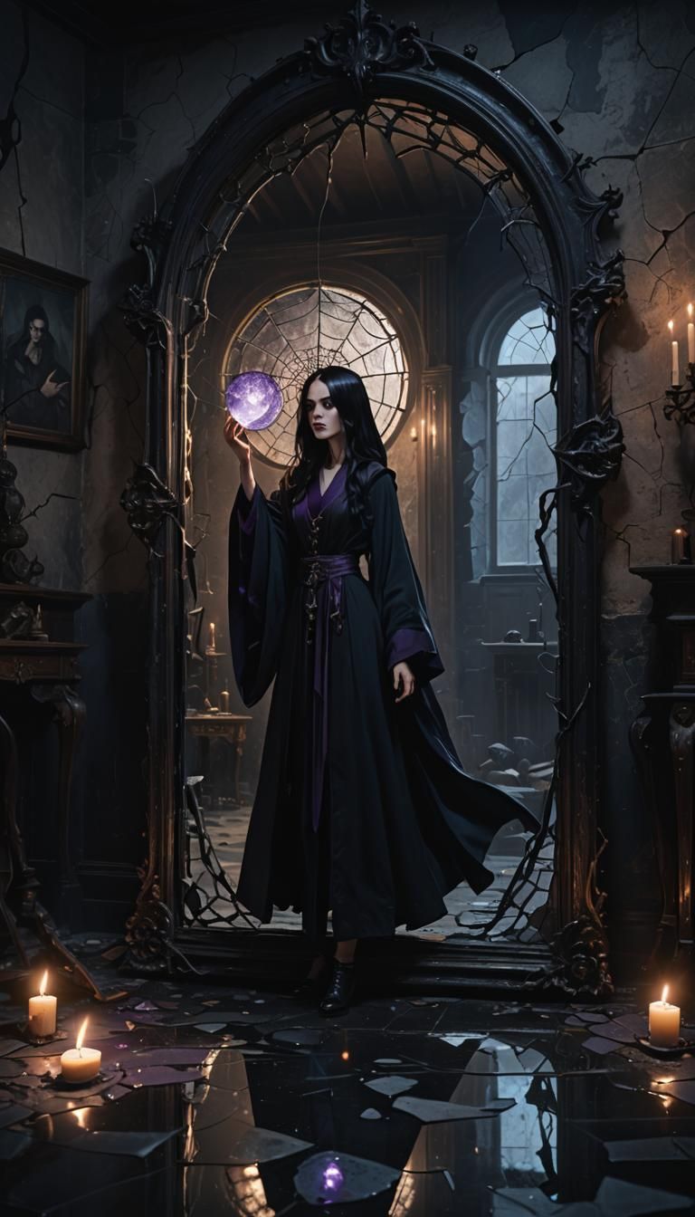 Gothic Girl Shatters Mirror in Dark Fantasy Illustration