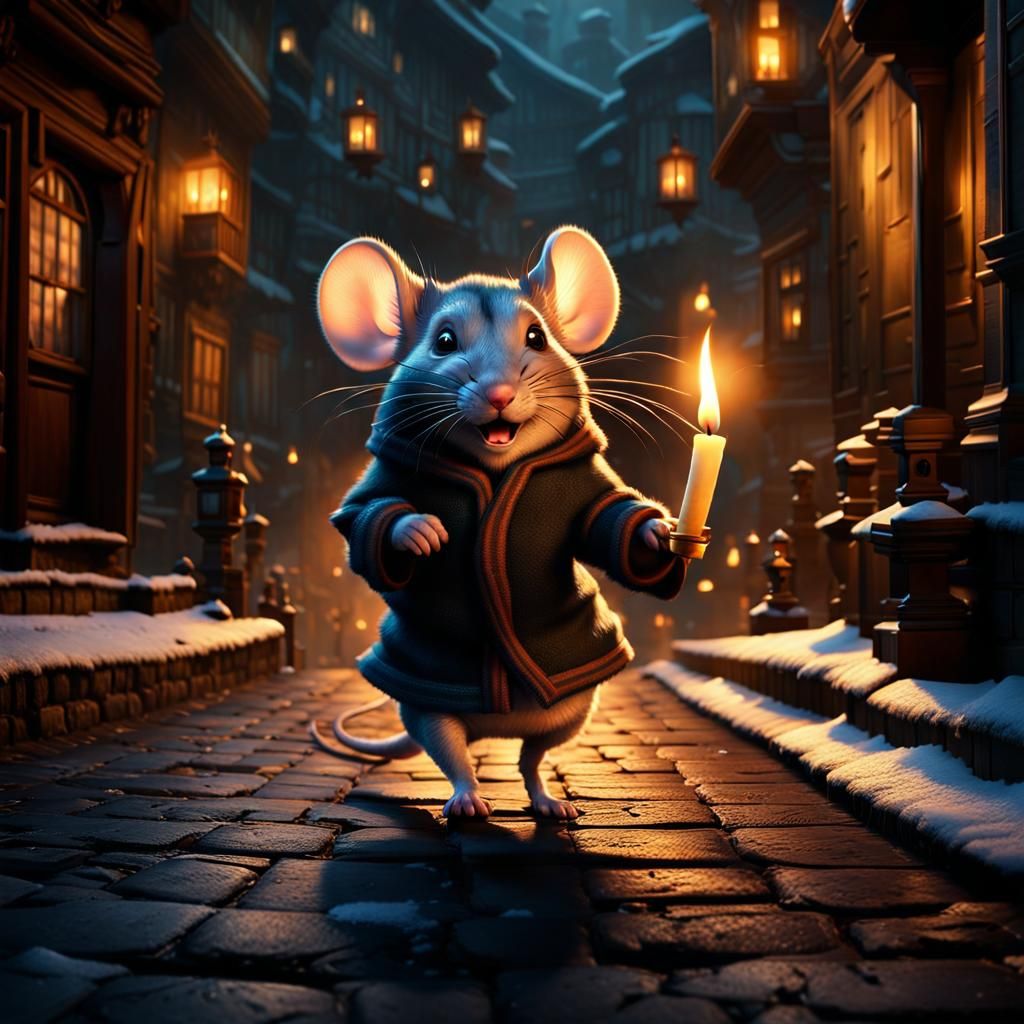 Mouse's Candlelit Dash Through City Streets