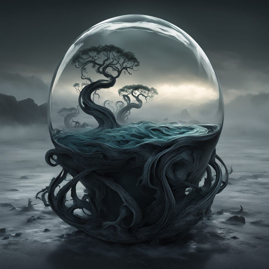 Ancient Glass Container in Turbulent Black Waves, Cyberpunk ...