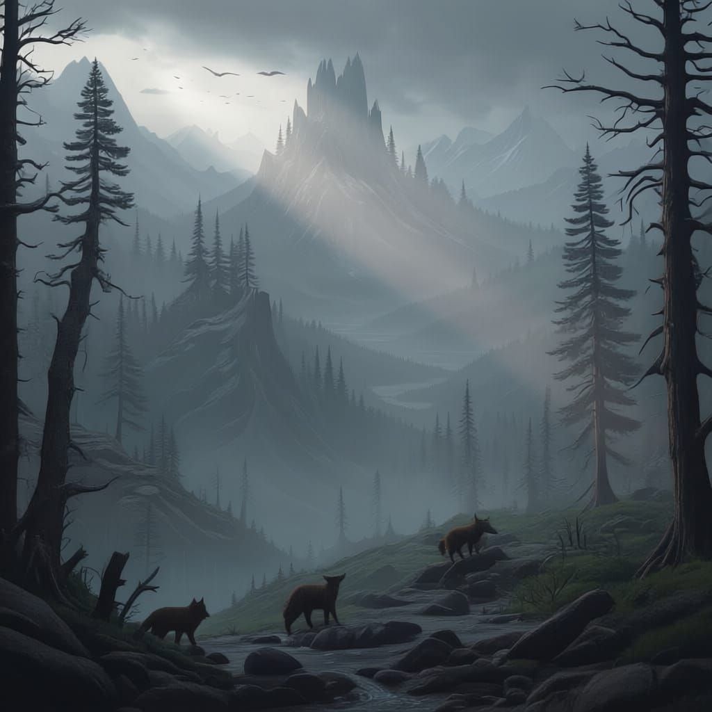 Black Wolves Emerge from Fog in Mountain Forest