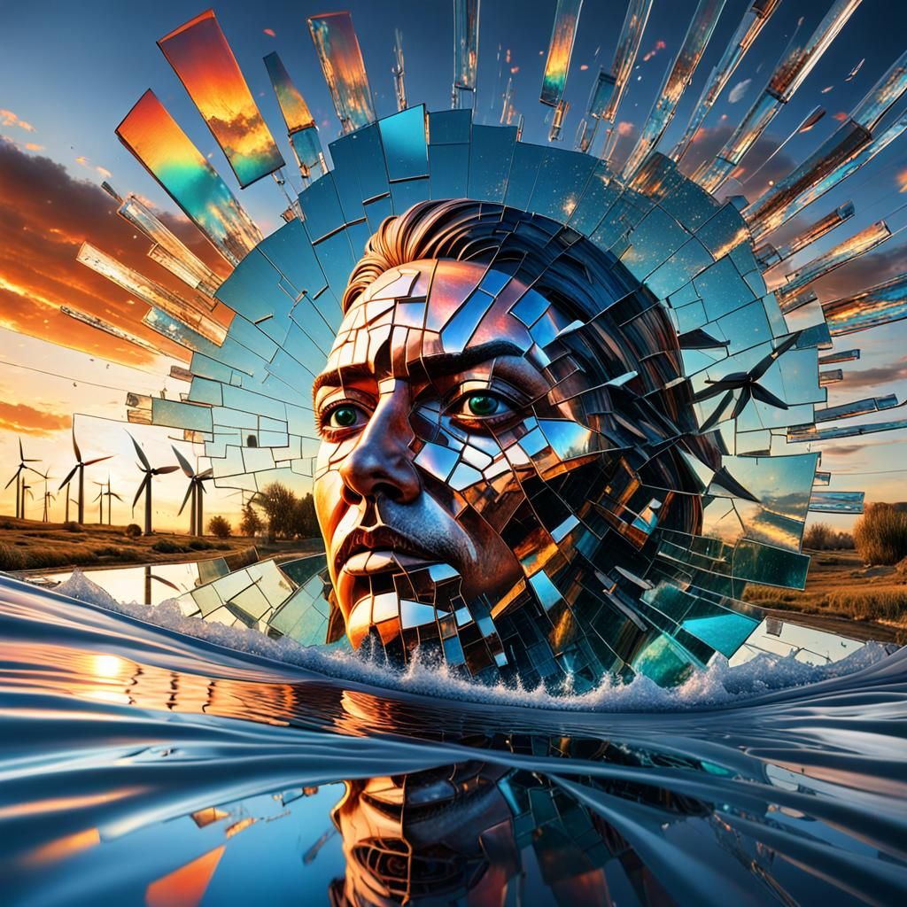 Distorted Face in Shattered Glass Amidst Sunset Waterfalls