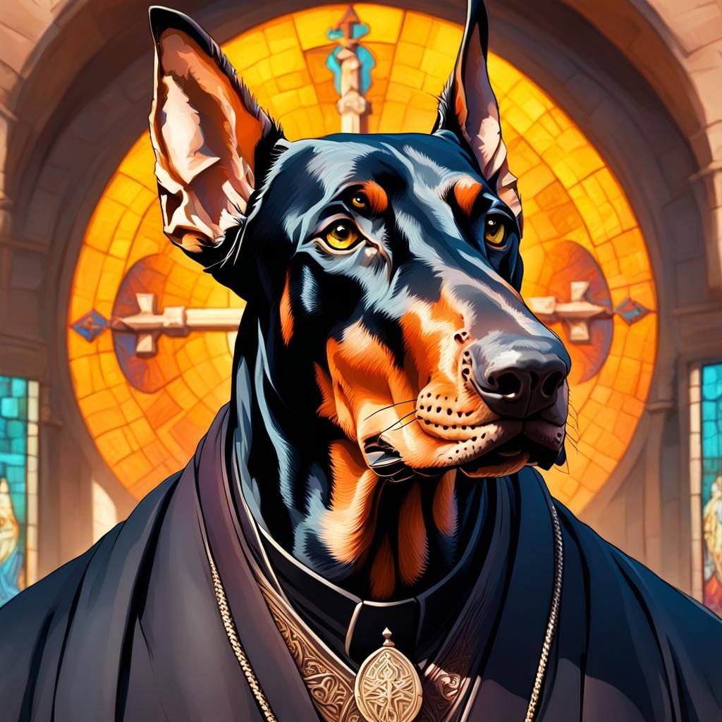 Hyperrealistic Doberman Priest in Sunday Services