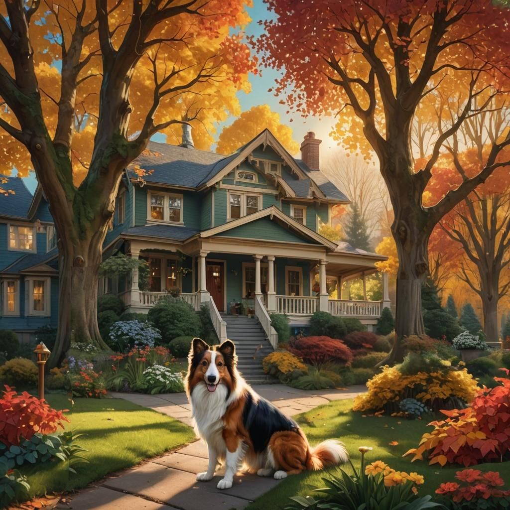 Autumnal House with Collie in Detailed Matte Painting