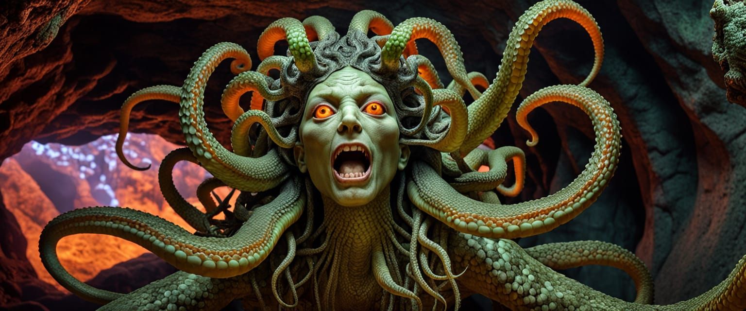 Medusa in Dank Cave with Snakes, Magical Realism