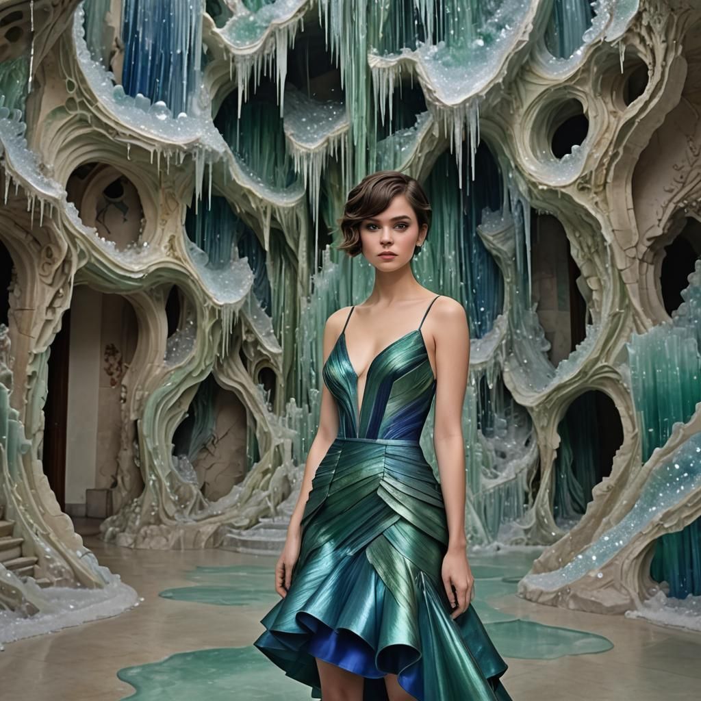 Woman in Crystal Stalactite Dress in Ballroom
