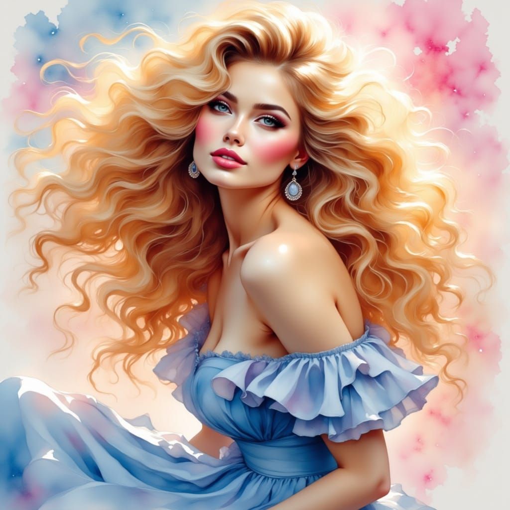 Radiant Woman with Golden Curls in Acrylic Painting