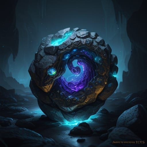 Sleepy Dragon Curled Around Treasure in Crystal Cave