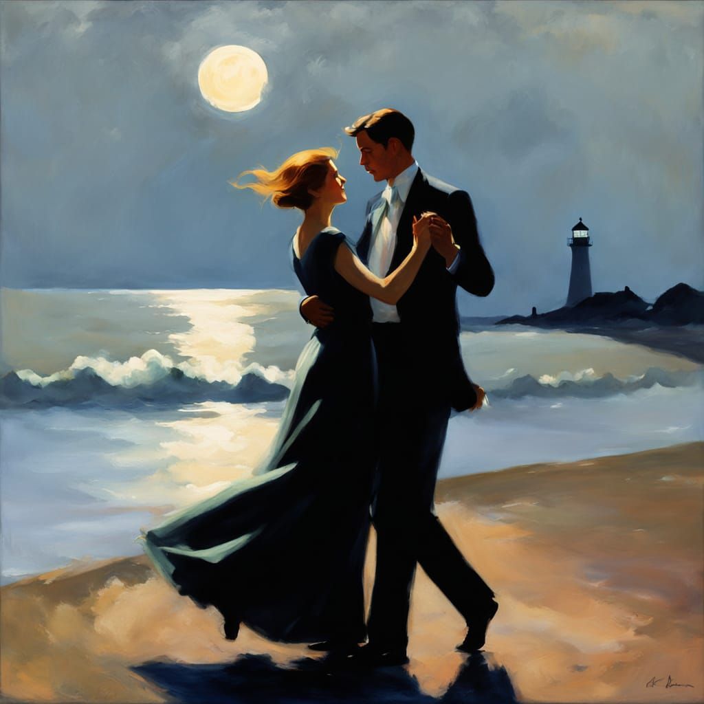 Man and Woman Dance at Sea in Moonlight, Edward Hopper Style