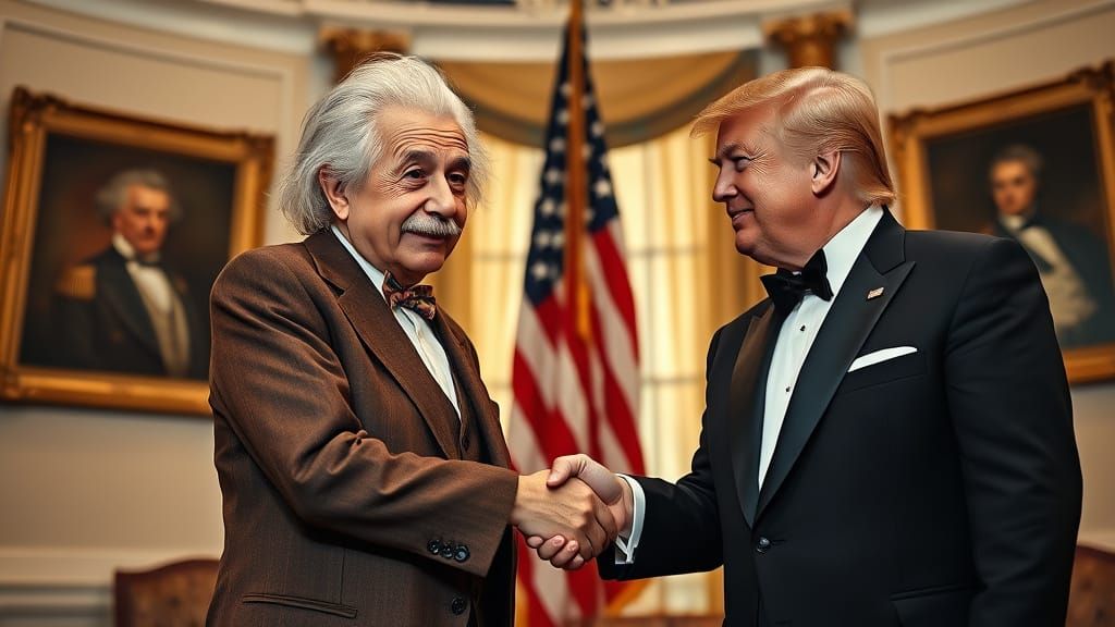 Albert Einstein shaking hands with Donald Trump in the White House