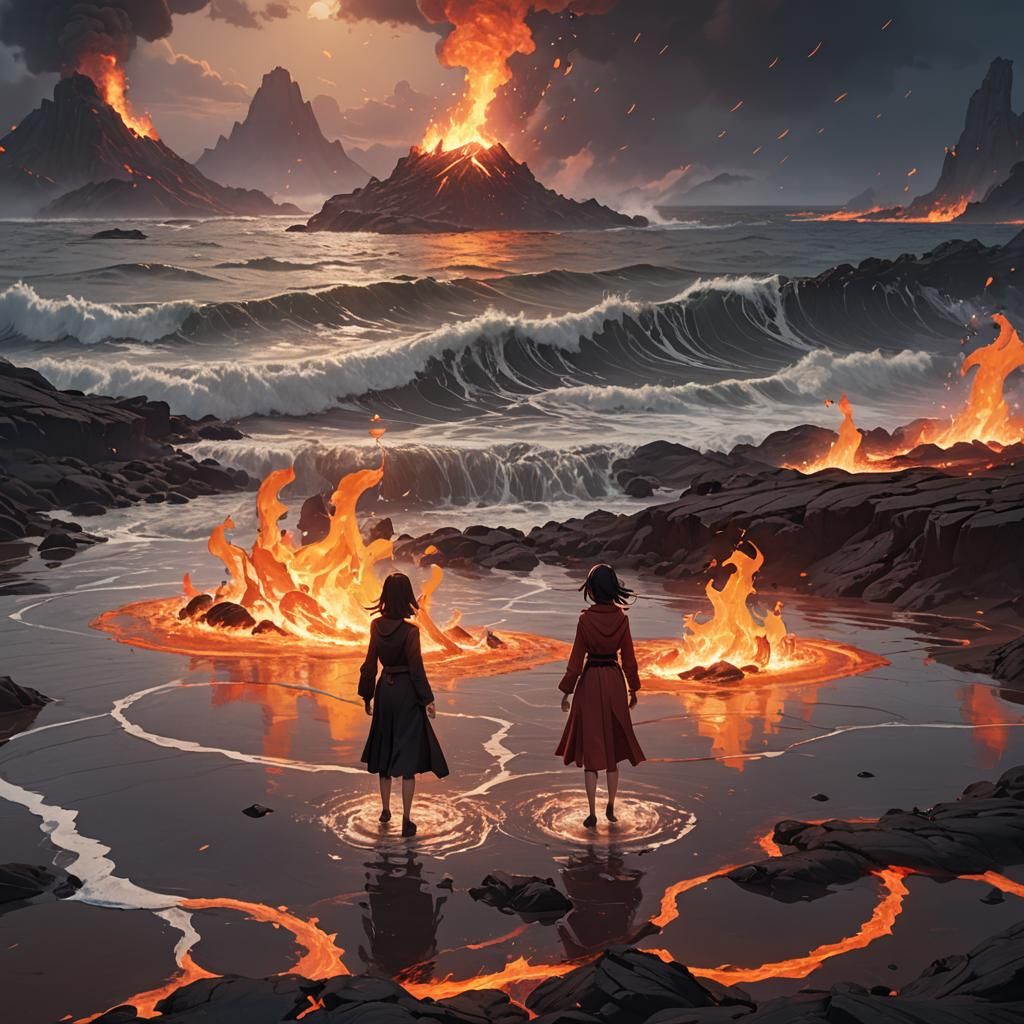 Woman on Fire Island: Surreal Anime Art