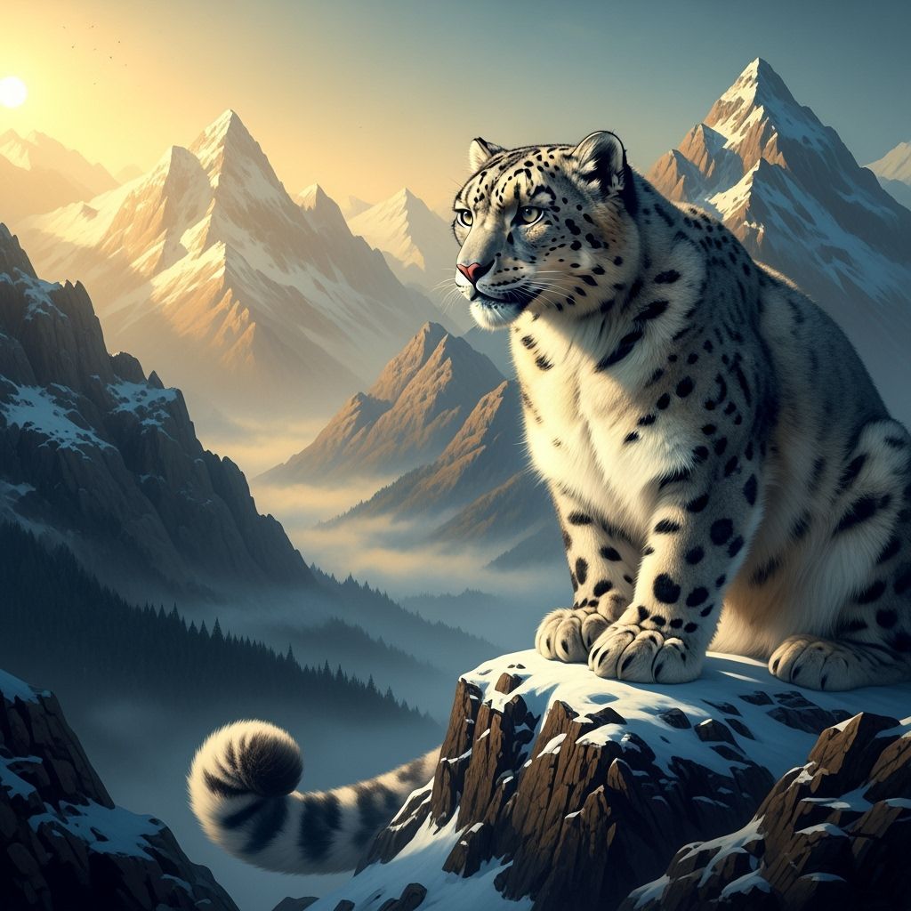 Snow Leopard Overlooking Misty Valley, Matte Painting