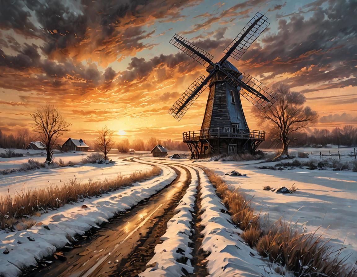 Windmill in Winter Sunset: Acrylic Painting