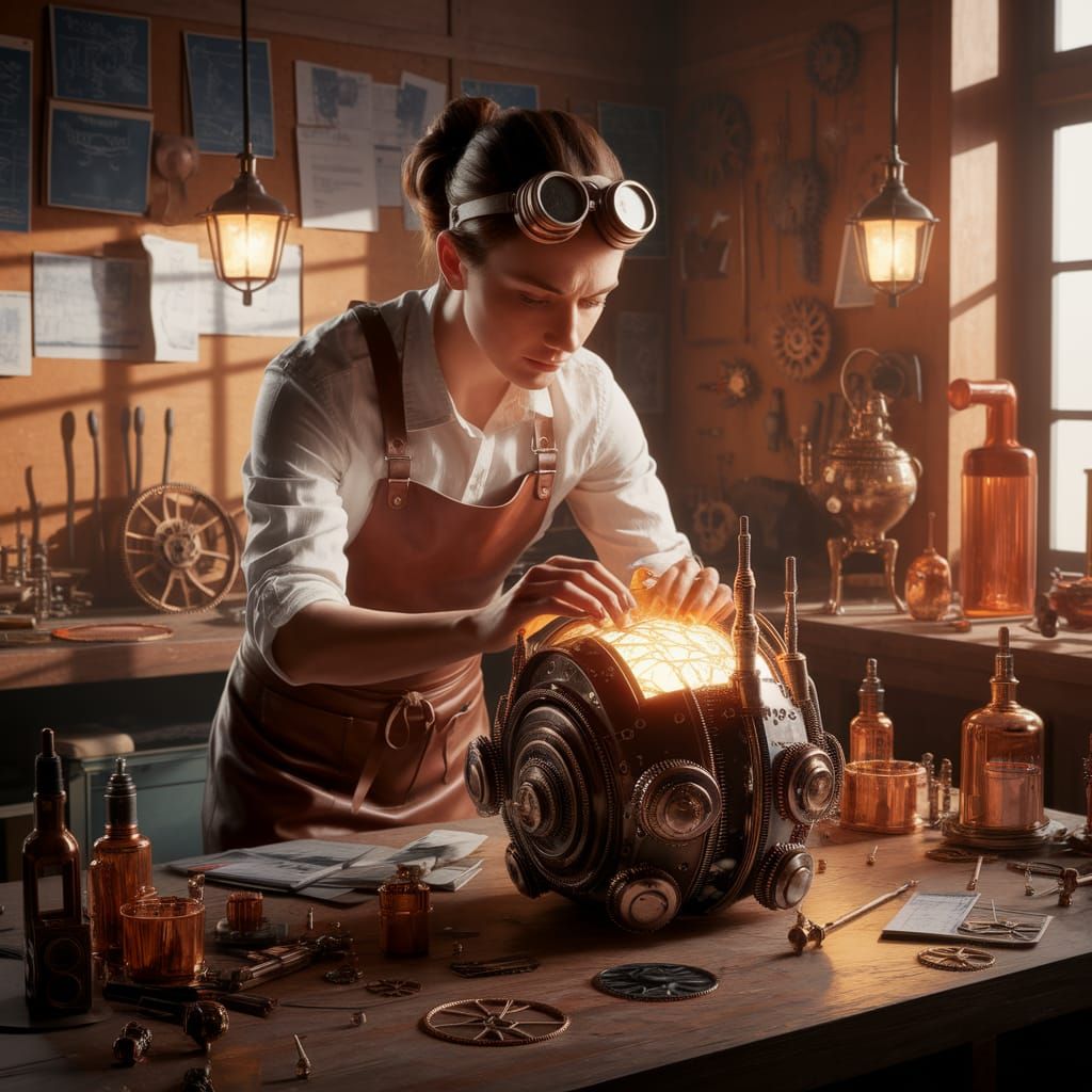 Steampunk Inventor in a Cluttered Workshop
