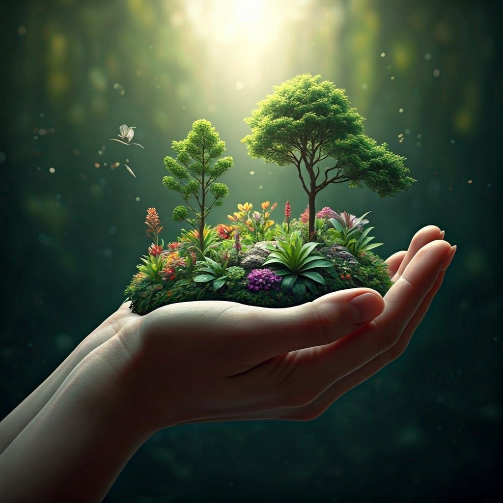 Delicate Hand Holds a Vibrant Miniature Garden Under Spring ...