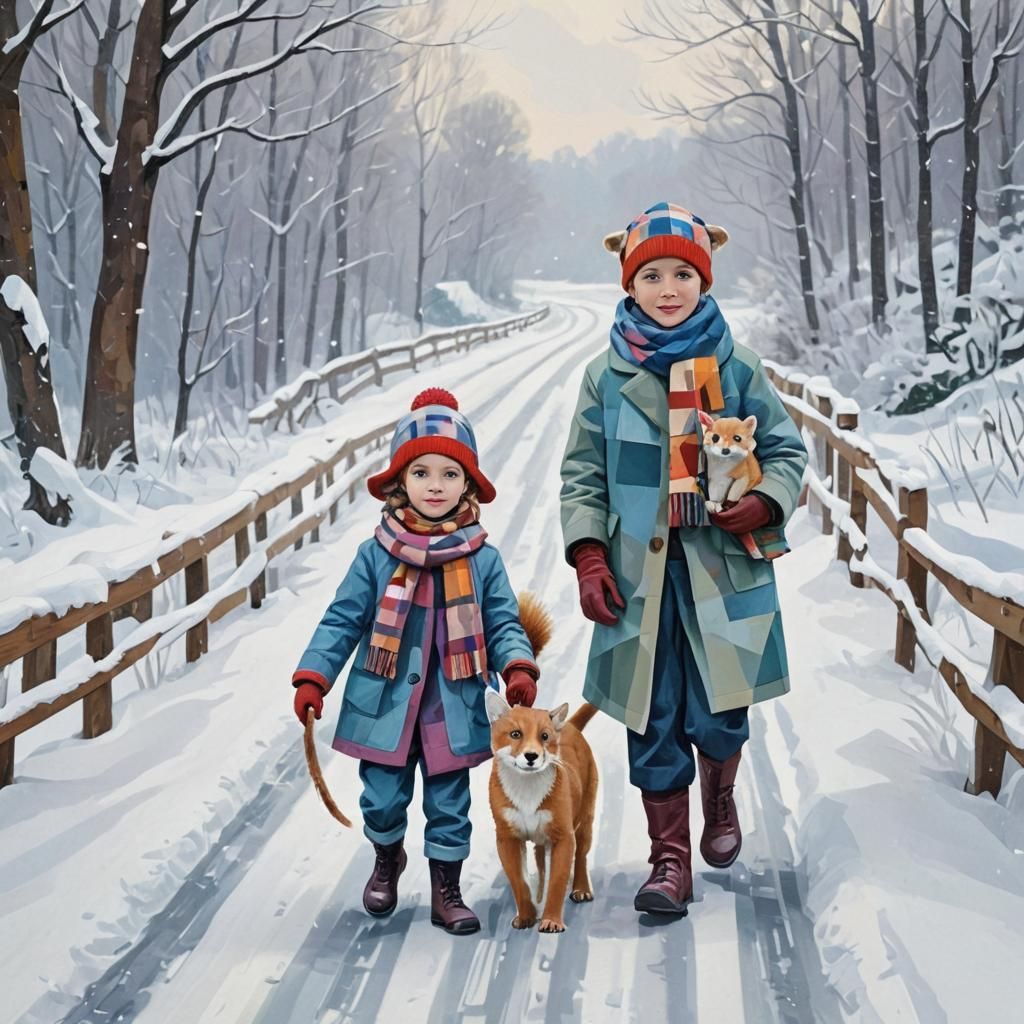 Weasels on a Snowy Road, Cubist Illustration