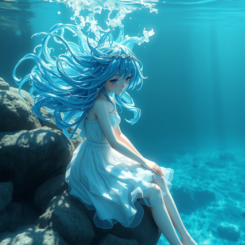 Anime Girl with Water Hair in Underwater Scene