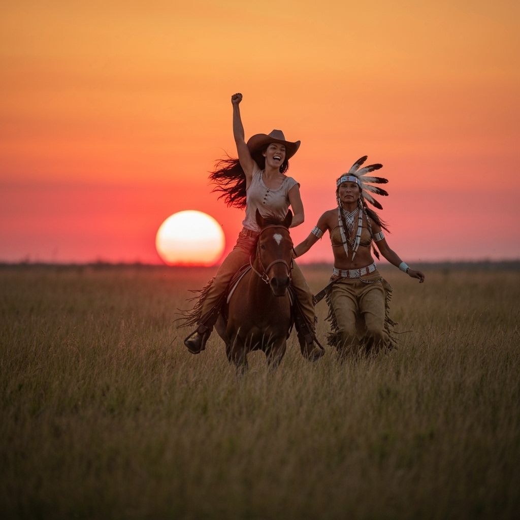 Cowgirl and Native Woman Ride Prairie at Sunset